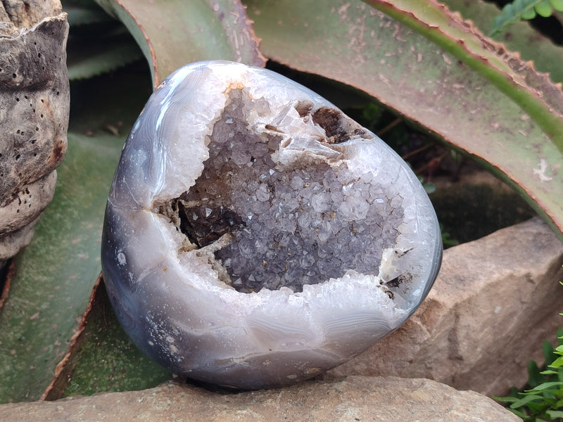 Polished One Side Banded Agates with Crystalline Geodes x 4 From Maintirano, Madagascar - Toprock Gemstones and Minerals 