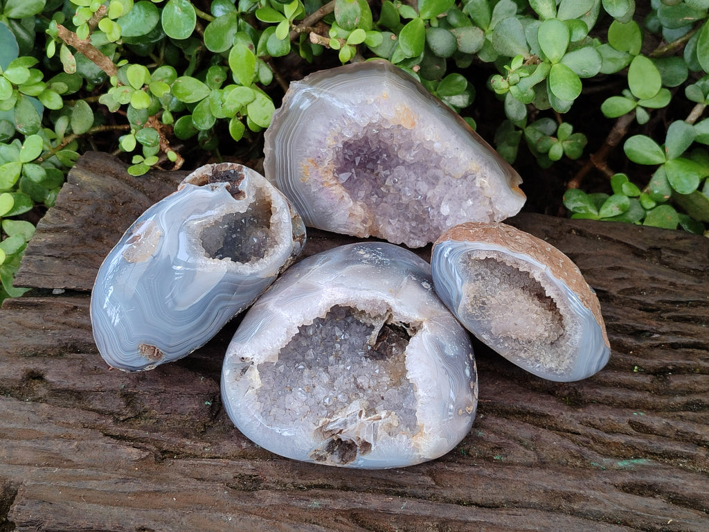 Polished One Side Banded Agates with Crystalline Geodes x 4 From Maintirano, Madagascar - Toprock Gemstones and Minerals 