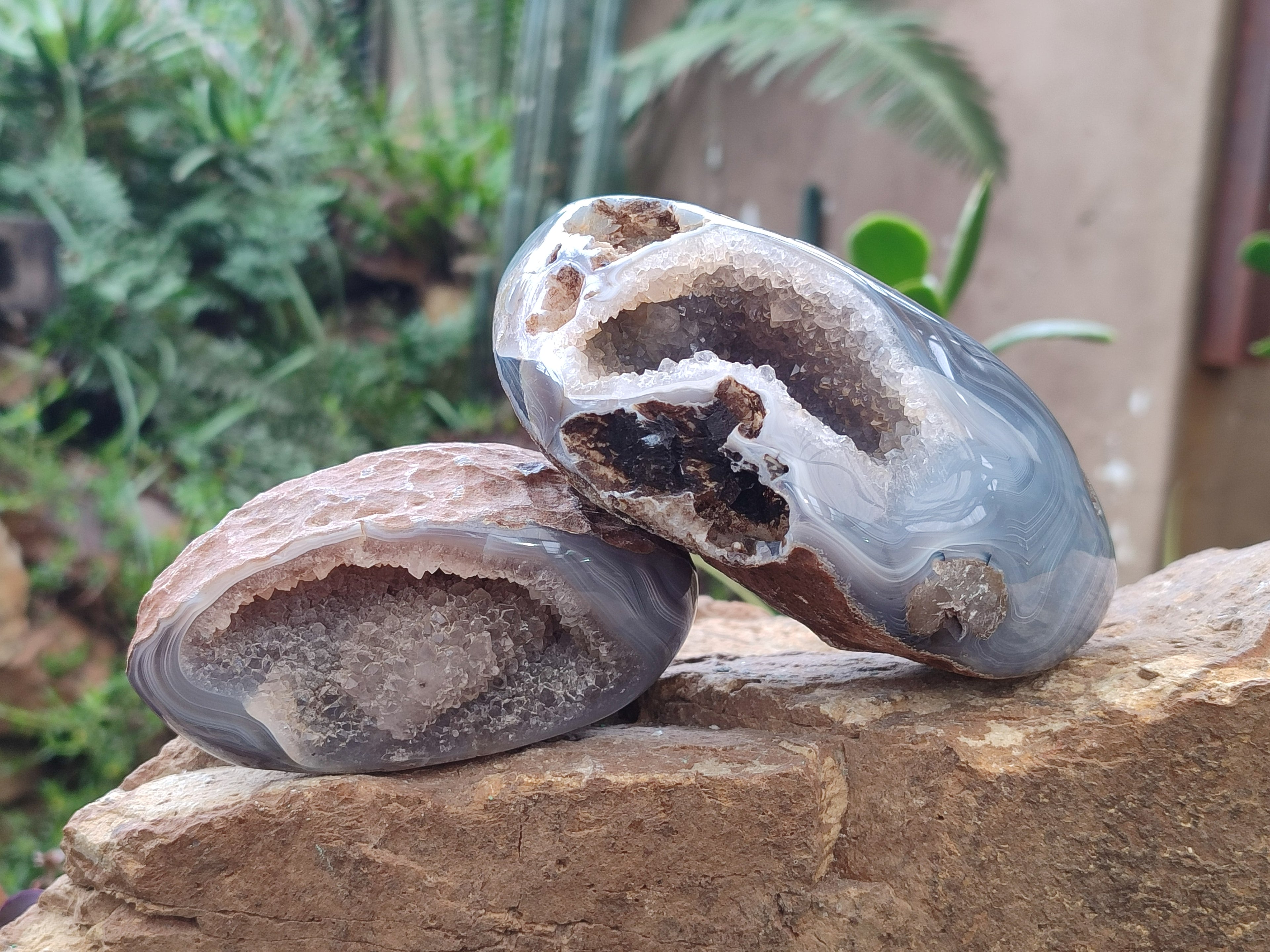 Polished One Side Banded Agates with Crystalline Geodes x 4 From Maintirano, Madagascar - Toprock Gemstones and Minerals 