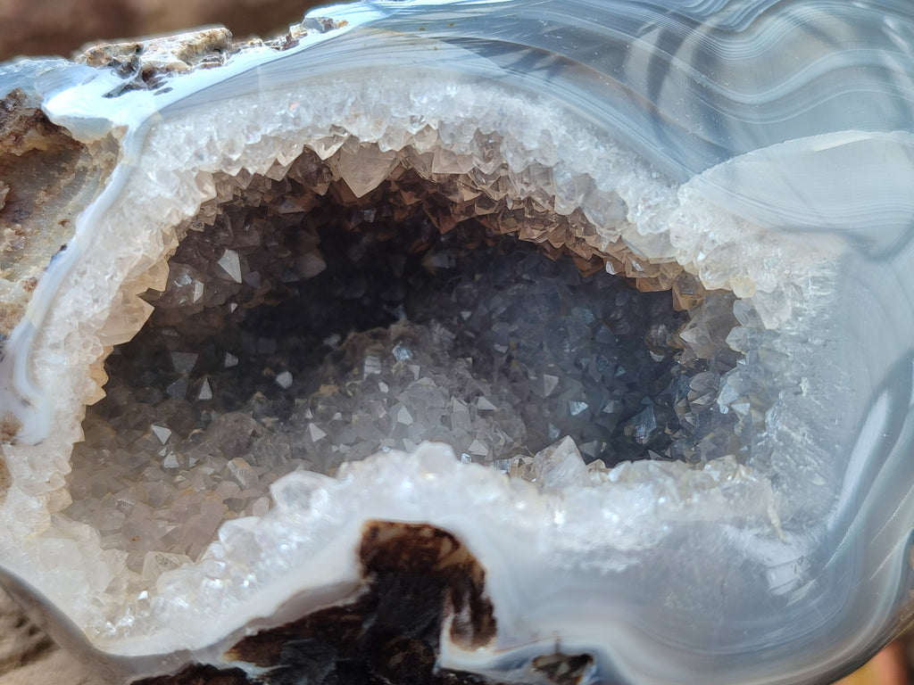 Polished One Side Banded Agates with Crystalline Geodes x 4 From Maintirano, Madagascar - Toprock Gemstones and Minerals 