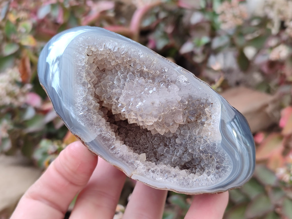 Polished One Side Banded Agates with Crystalline Geodes x 4 From Maintirano, Madagascar - Toprock Gemstones and Minerals 