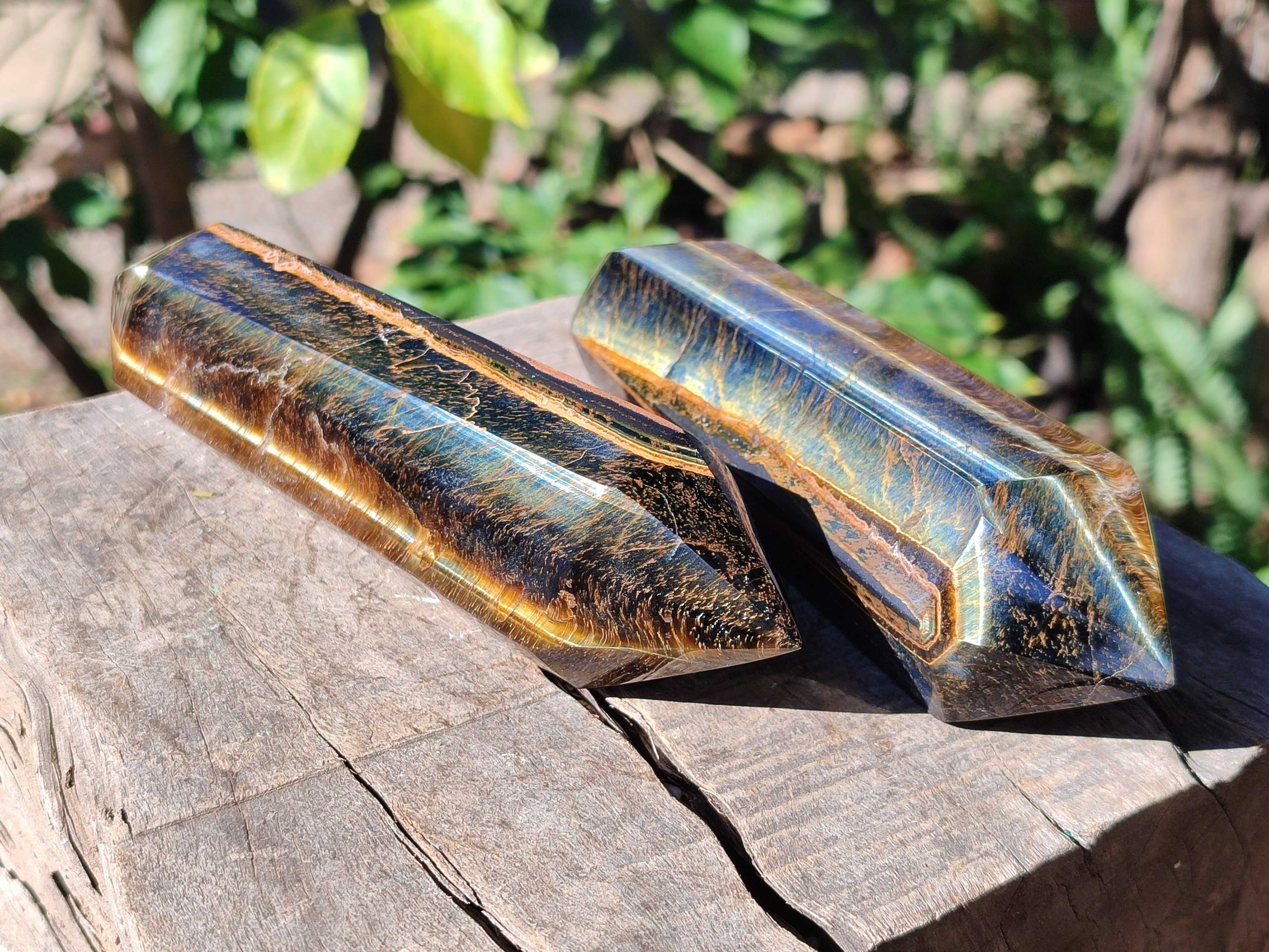 Polished Double Terminated Golden Tigers Eye Crystals x 4 From Prieska, South Africa - Toprock Gemstones and Minerals 