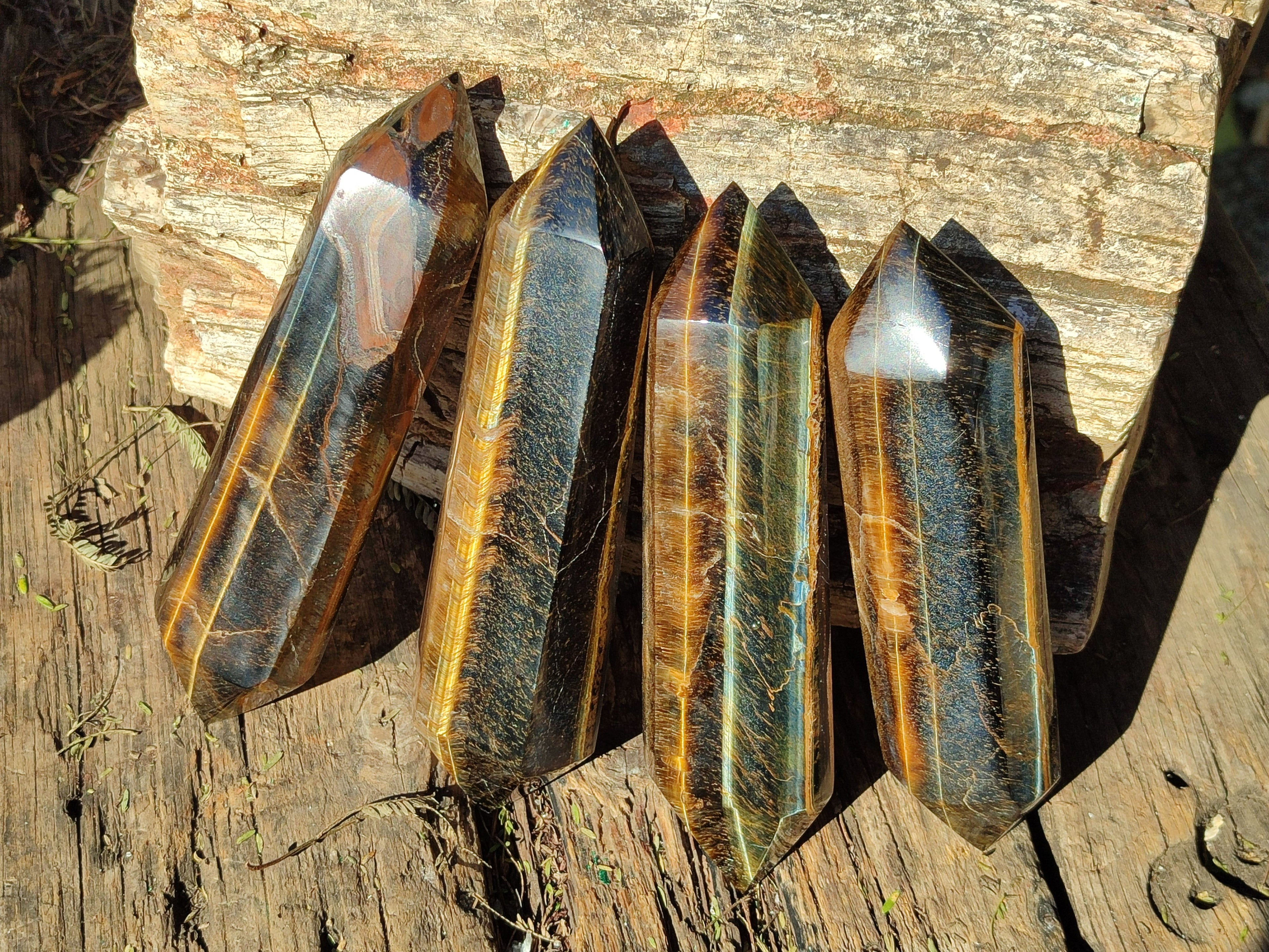 Polished Double Terminated Golden Tigers Eye Crystals x 4 From Prieska, South Africa - Toprock Gemstones and Minerals 