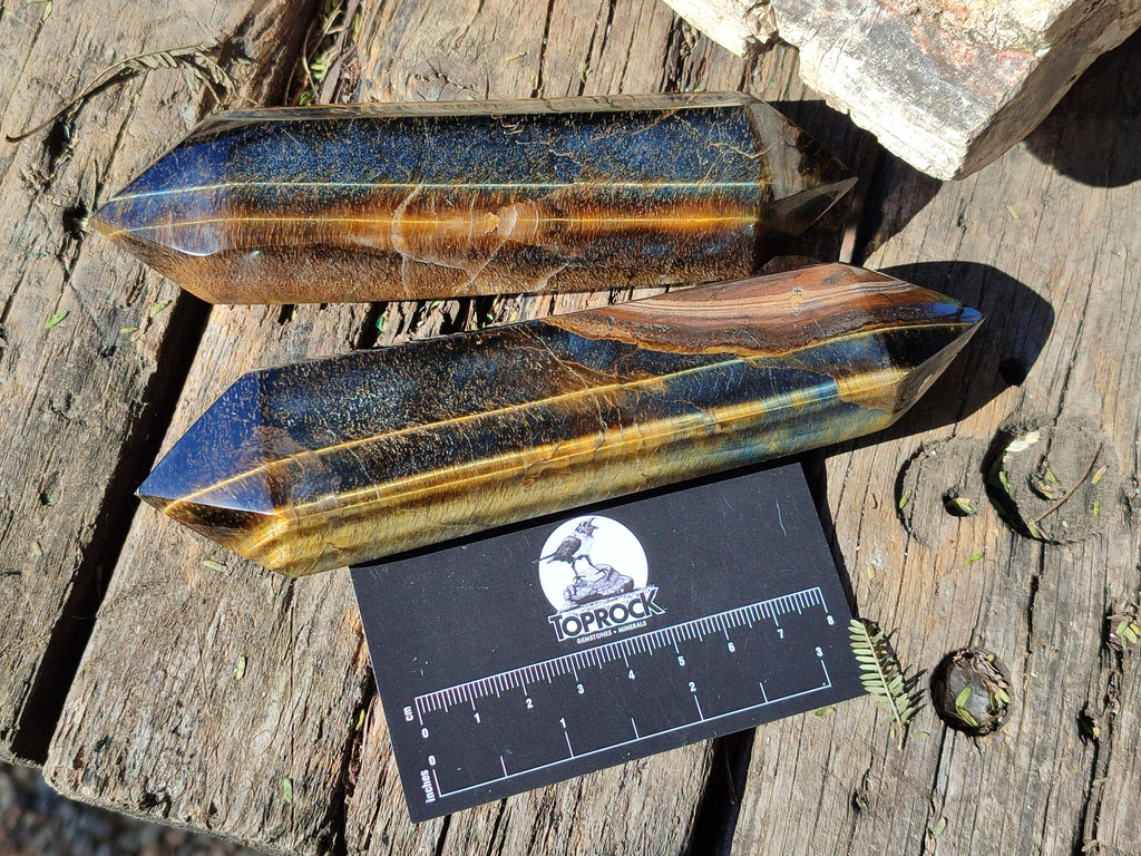 Polished Double Terminated Golden Tigers Eye Crystals x 4 From Prieska, South Africa - Toprock Gemstones and Minerals 