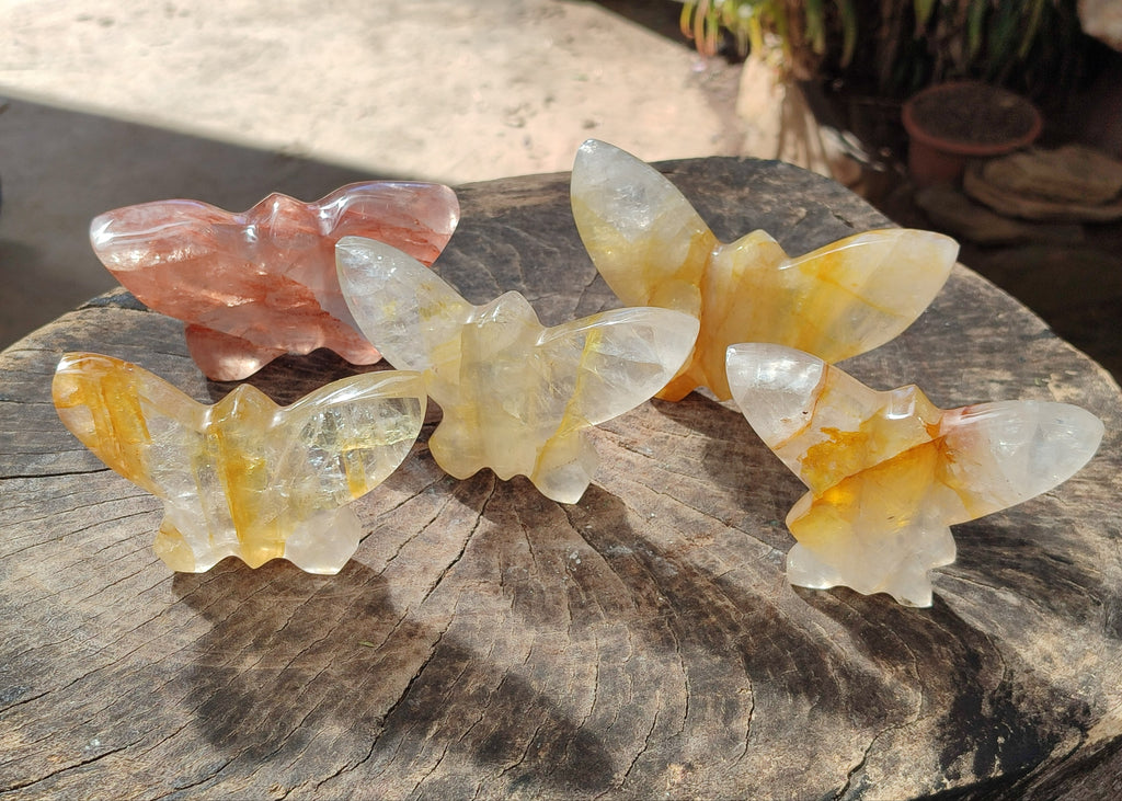Hand Made Golden and Red Hematoid Quartz Butterfly Sculptures x 5 From Madagascar - Toprock Gemstones and Minerals 