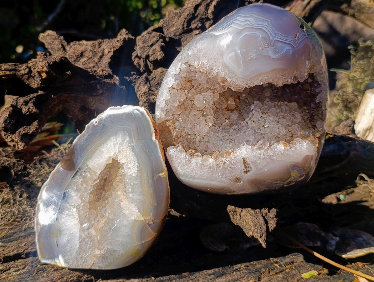 Polished One Side Banded Agate with Crystalline Geodes x 2 From Maintirano, Madagascar - Toprock Gemstones and Minerals 
