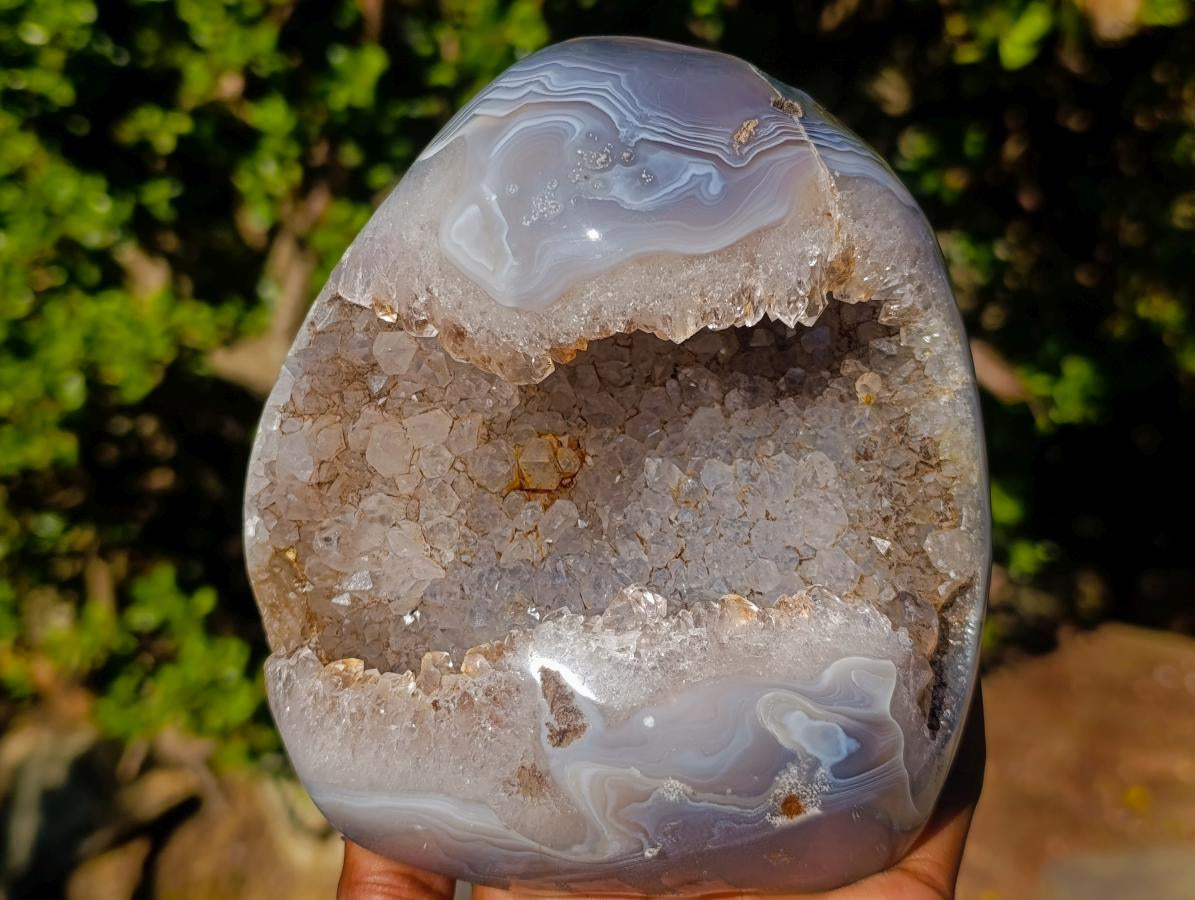 Polished One Side Banded Agate with Crystalline Geodes x 2 From Maintirano, Madagascar - Toprock Gemstones and Minerals 