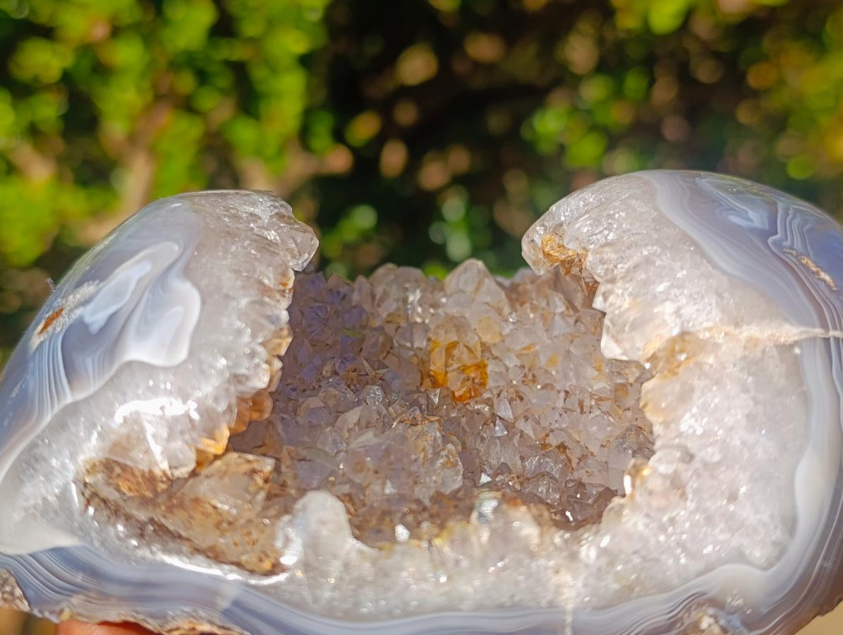 Polished One Side Banded Agate with Crystalline Geodes x 2 From Maintirano, Madagascar - Toprock Gemstones and Minerals 