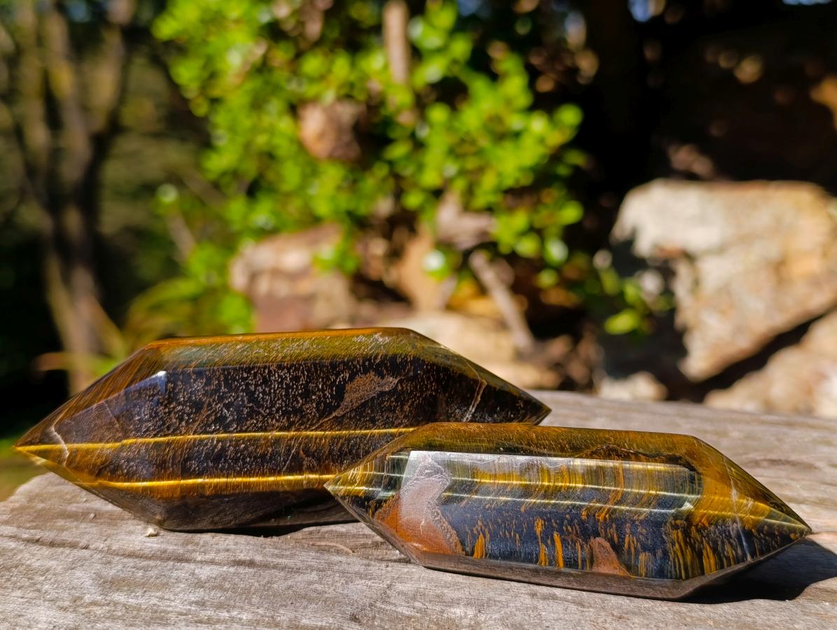 Polished Double Terminated Golden Tigers Eye Crystals x 6 From Prieska, South Africa - Toprock Gemstones and Minerals 