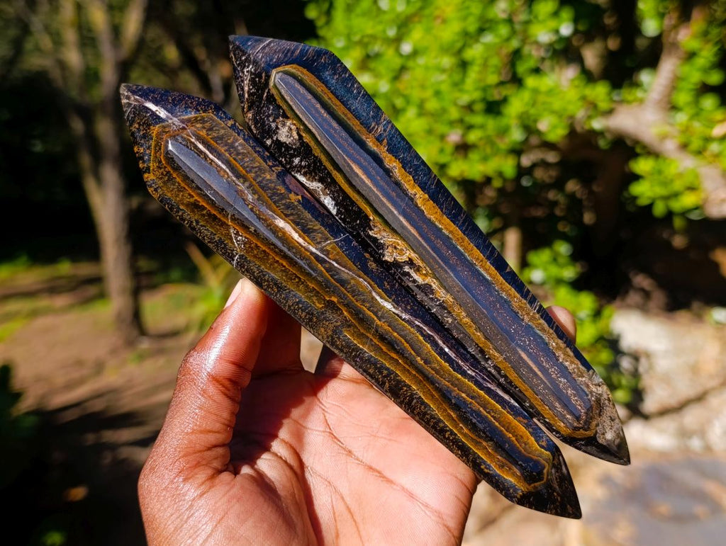 Polished Double Terminated Golden Tigers Eye Crystals x 6 From Prieska, South Africa - Toprock Gemstones and Minerals 