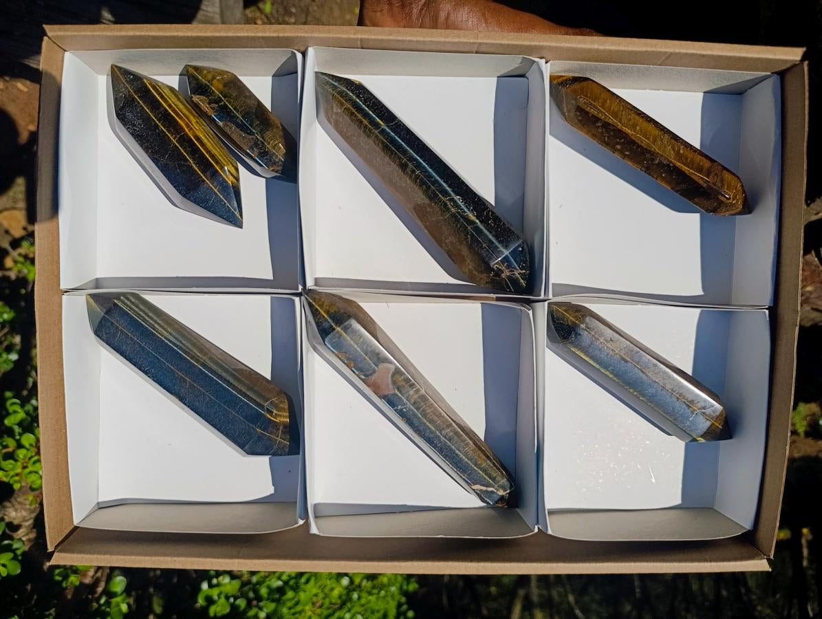 Polished Double Terminated Golden Tigers Eye Crystals x 6 From Prieska, South Africa - Toprock Gemstones and Minerals 