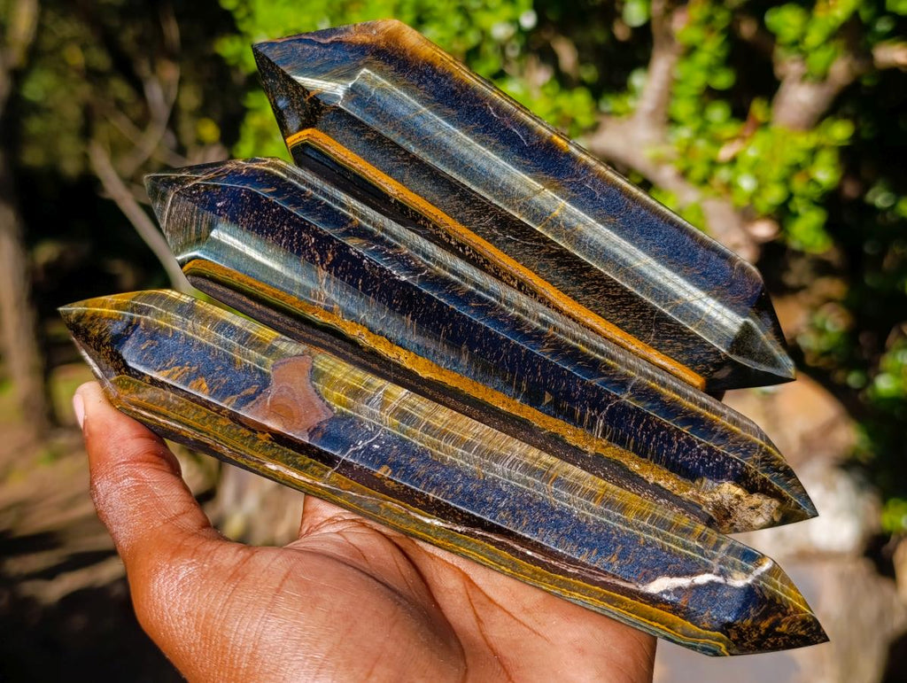 Polished Double Terminated Golden Tigers Eye Crystals x 6 From Prieska, South Africa - Toprock Gemstones and Minerals 