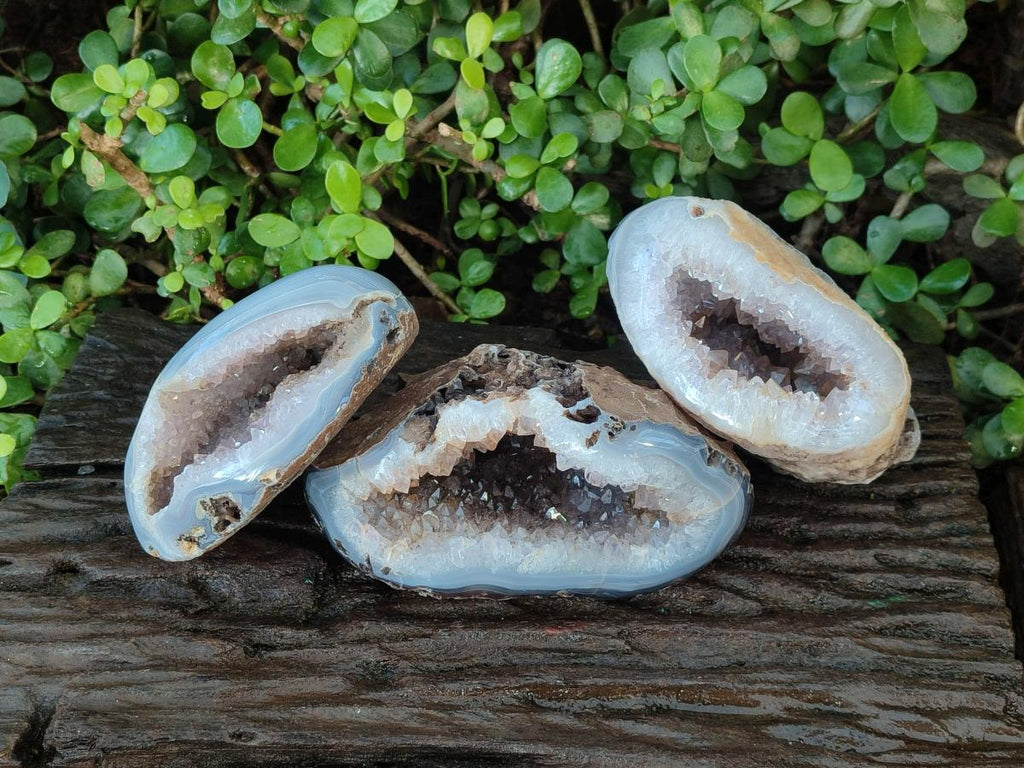Polished Banded Agate with Crystalline Geodes x 3 From Maintirano, Madagascar - Toprock Gemstones and Minerals 