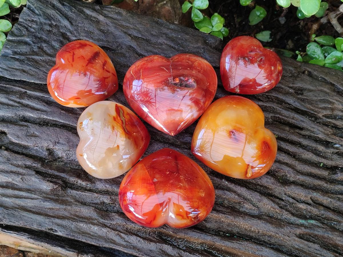 Polished Carnelian Agate Gemstone Hearts x 6 From Madagascar - Toprock Gemstones and Minerals 