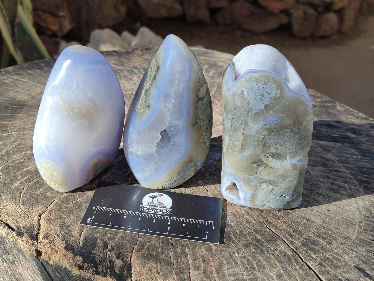 Polished Blue Lace Agate Standing Display Pieces x 3 From Nsanje, Malawi - Toprock Gemstones and Minerals 