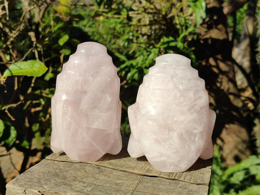 Hand Made Buddha Head Rose Quartz Carvings x 2 From Madagascar - Toprock Gemstones and Minerals 