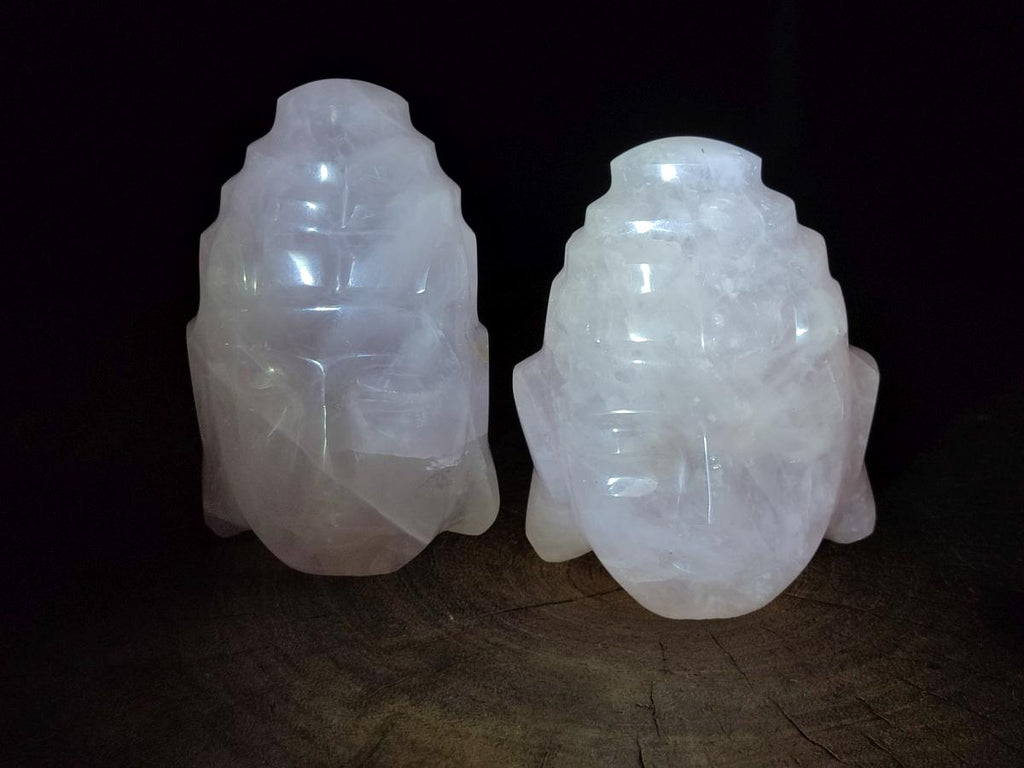 Hand Made Buddha Head Rose Quartz Carvings x 2 From Madagascar - Toprock Gemstones and Minerals 