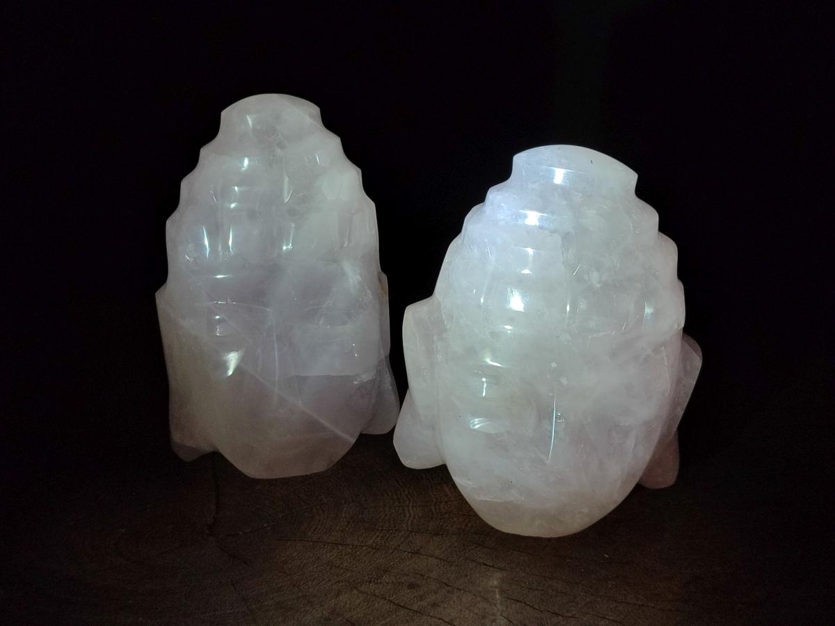 Hand Made Buddha Head Rose Quartz Carvings x 2 From Madagascar - Toprock Gemstones and Minerals 