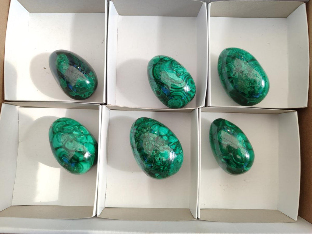 Polished Flower Banded Malachite Gemstone Eggs x 6 From Congo - Toprock Gemstones and Minerals 