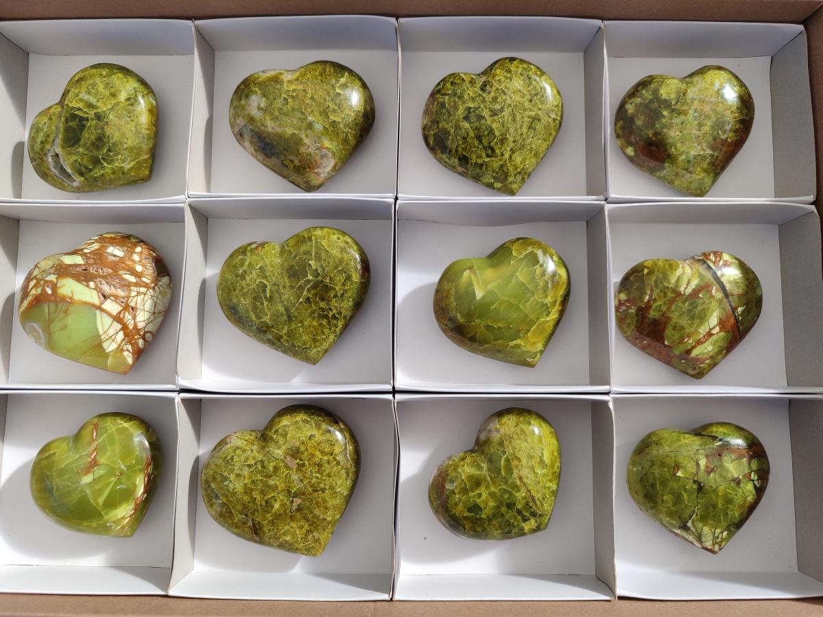 Polished Green Opal Hearts x 12 From Betroka, Madagascar - Toprock Gemstones and Minerals 