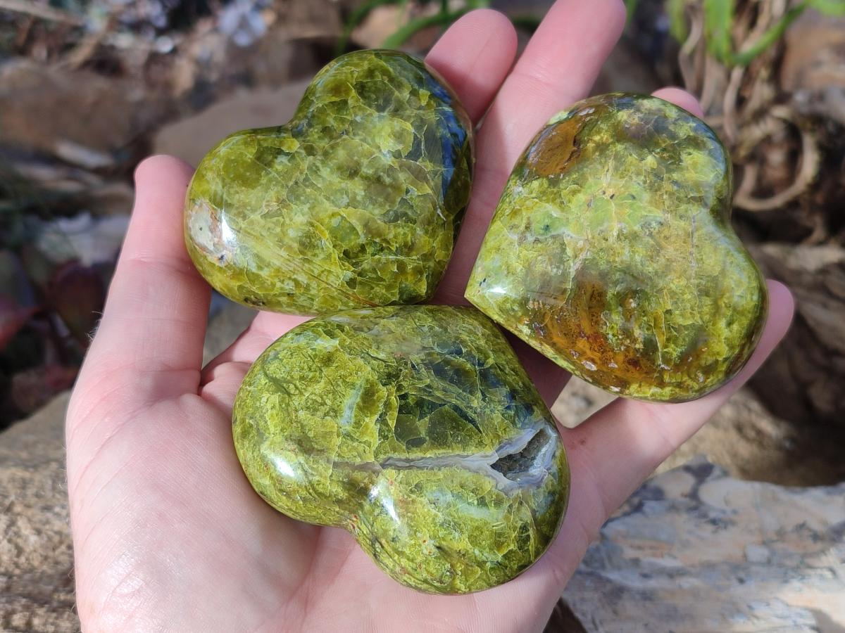 Polished Green Opal Hearts x 12 From Betroka, Madagascar - Toprock Gemstones and Minerals 