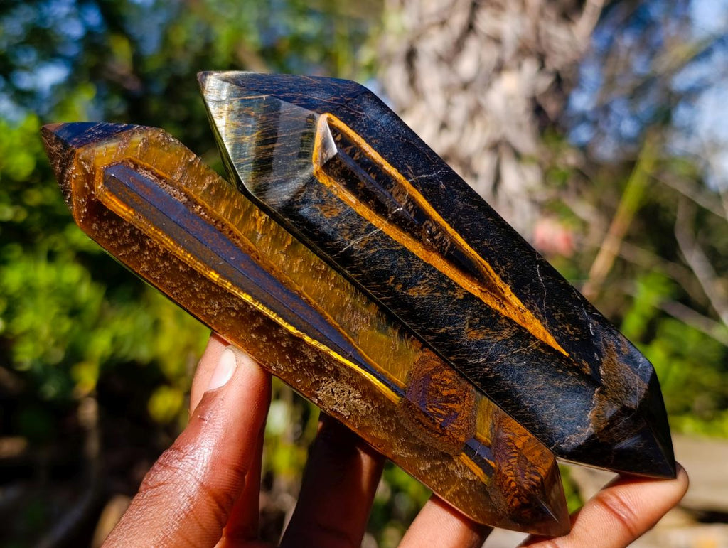Polished Double Terminated Golden Tigers Eye Crystals x 6 From Prieska, South Africa - Toprock Gemstones and Minerals 