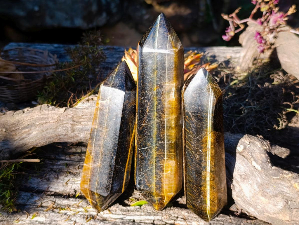 Polished Double Terminated Golden Tigers Eye Crystals x 6 From Prieska, South Africa - Toprock Gemstones and Minerals 