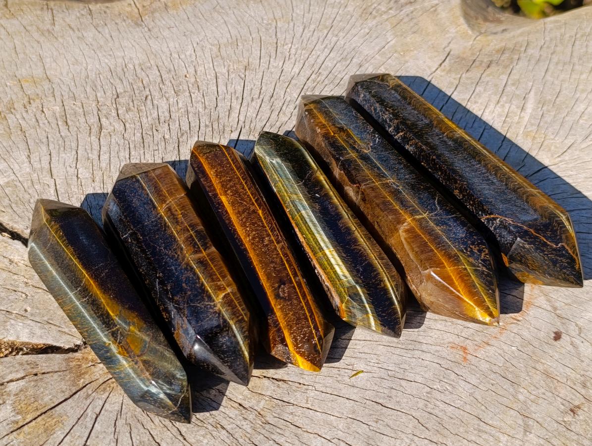 Polished Double Terminated Golden Tigers Eye Crystals x 6 From Prieska, South Africa - Toprock Gemstones and Minerals 