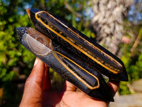 Polished Double Terminated Golden Tigers Eye Crystals x 6 From Prieska, South Africa - Toprock Gemstones and Minerals 