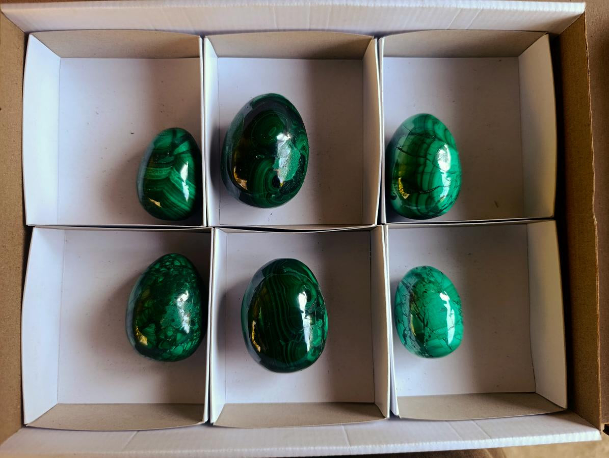 Polished Flower Banded Malachite Gemstone Eggs x 6 From Congo - Toprock Gemstones and Minerals 