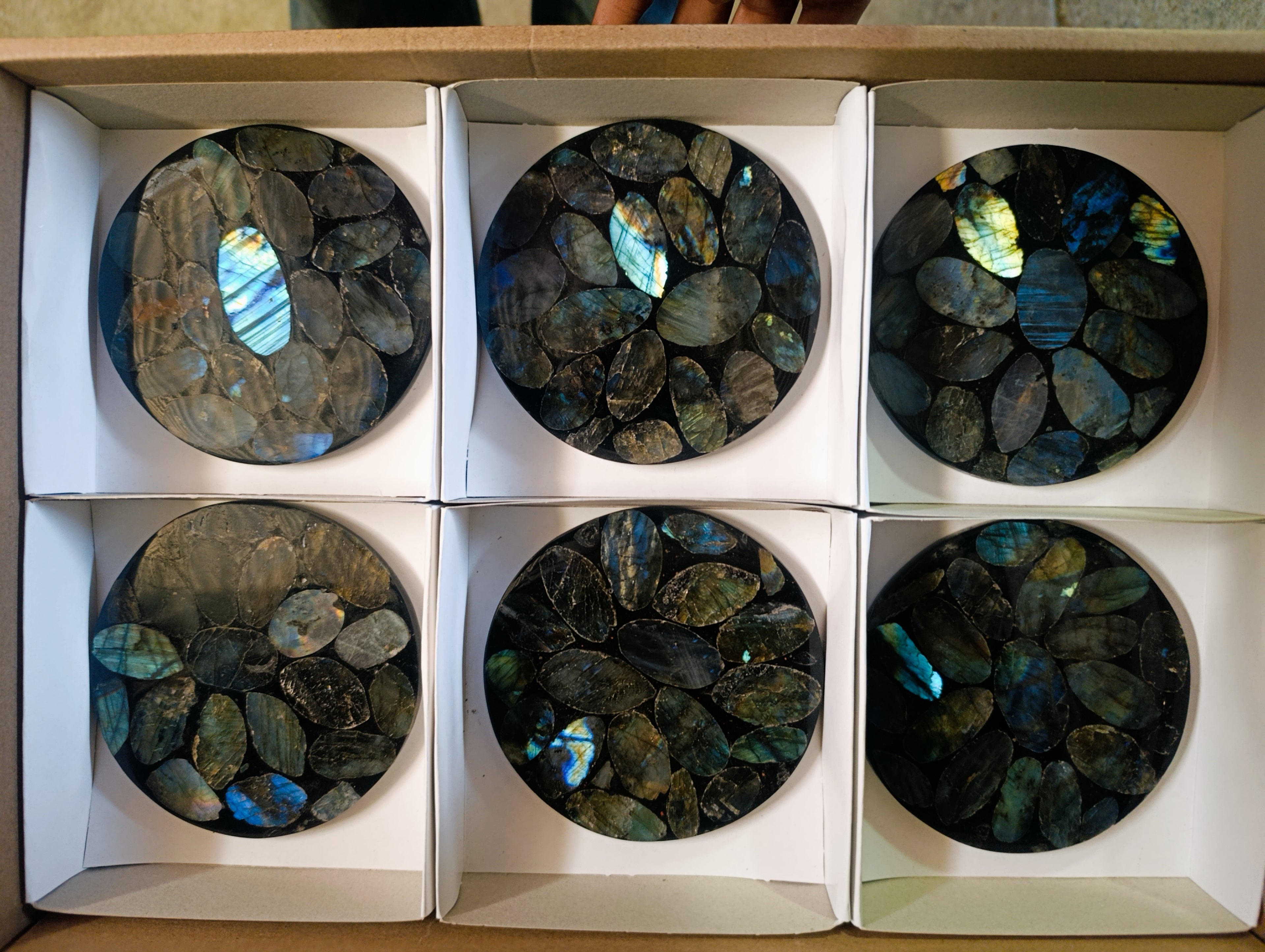 Polished Labradorite Conglomerate Coasters x 6 From Madagascar - Toprock Gemstones and Minerals 