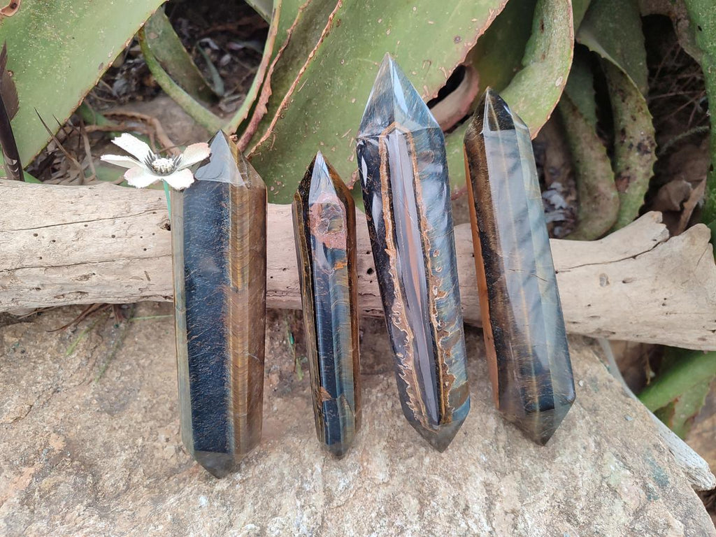 Polished Double Terminated Golden Tigers Eye Crystals x 4 From Prieska, South Africa - Toprock Gemstones and Minerals 