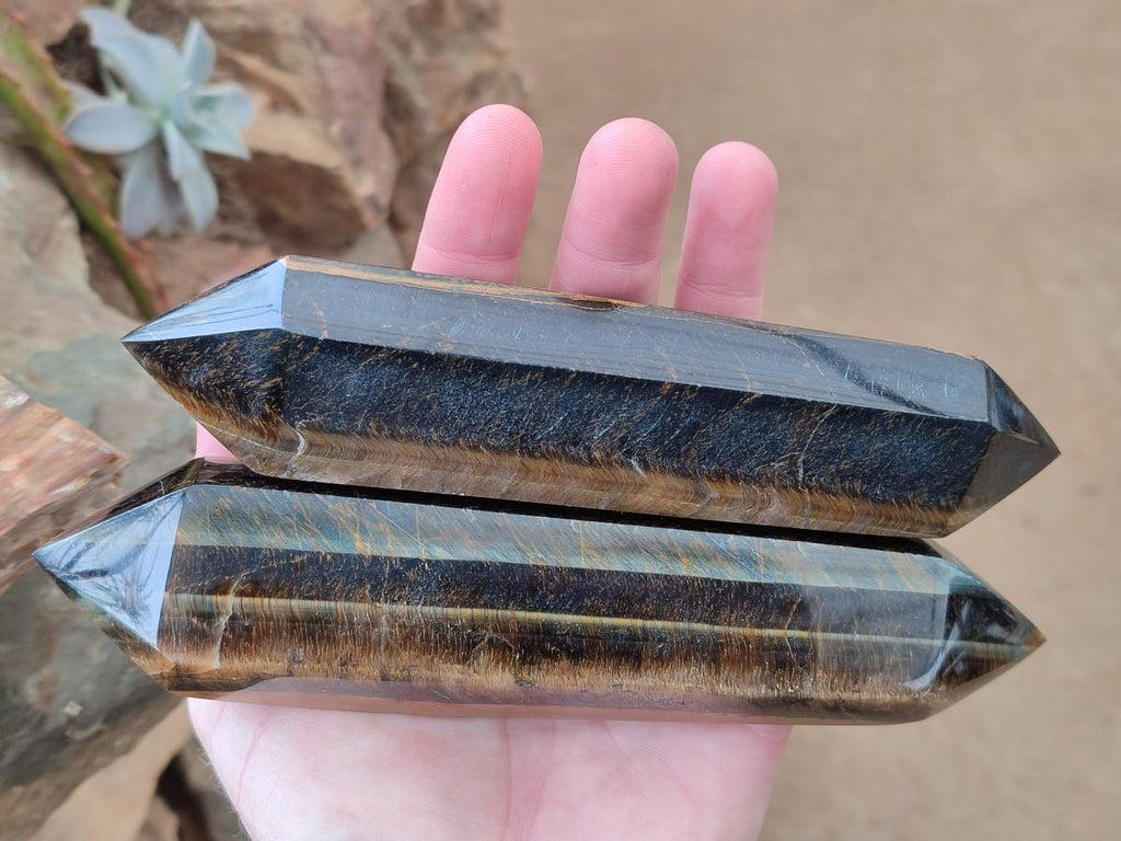 Polished Double Terminated Golden Tigers Eye Crystals x 4 From Prieska, South Africa - Toprock Gemstones and Minerals 