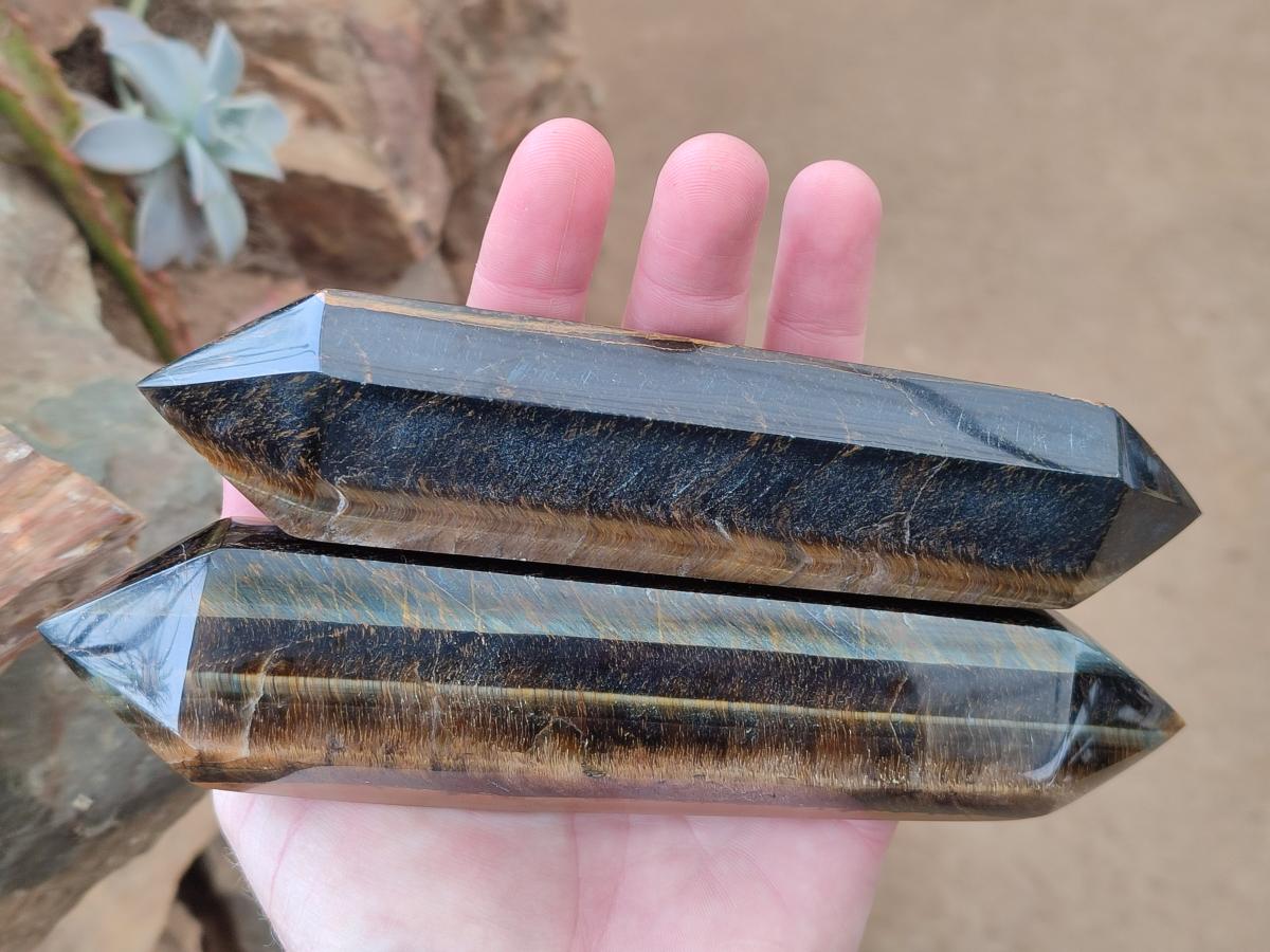 Polished Double Terminated Golden Tigers Eye Crystals x 4 From Prieska, South Africa - Toprock Gemstones and Minerals 