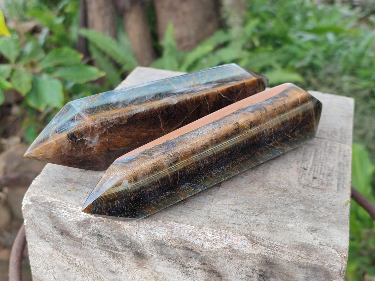 Polished Double Terminated Golden Tigers Eye Crystals x 4 From Prieska, South Africa - Toprock Gemstones and Minerals 