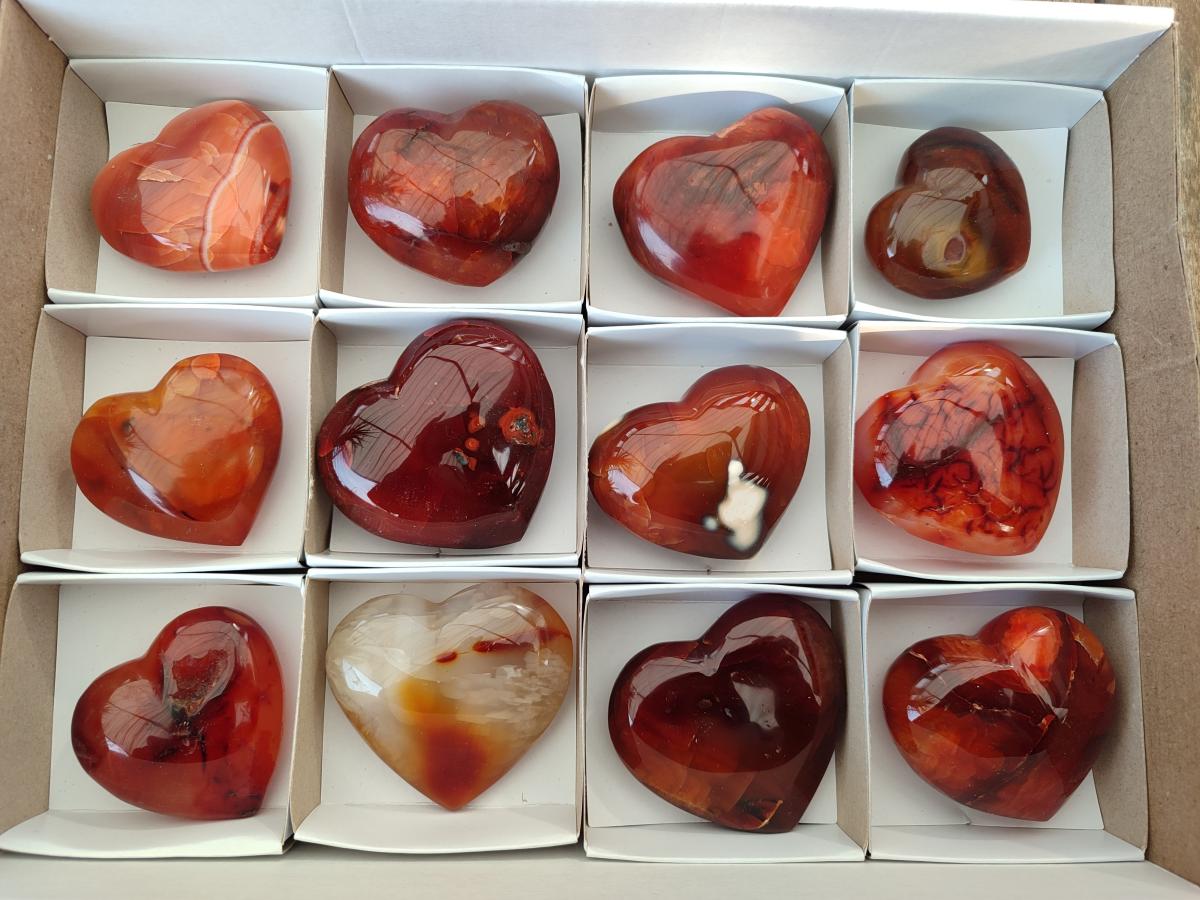Polished Carnelian Agate Gemstone Hearts x 12 From Madagascar - Toprock Gemstones and Minerals 