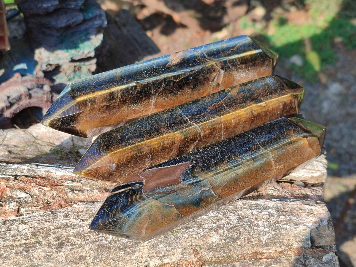 Polished Double Terminated Golden Tigers Eye Crystals x 7 From Prieska, South Africa - Toprock Gemstones and Minerals 