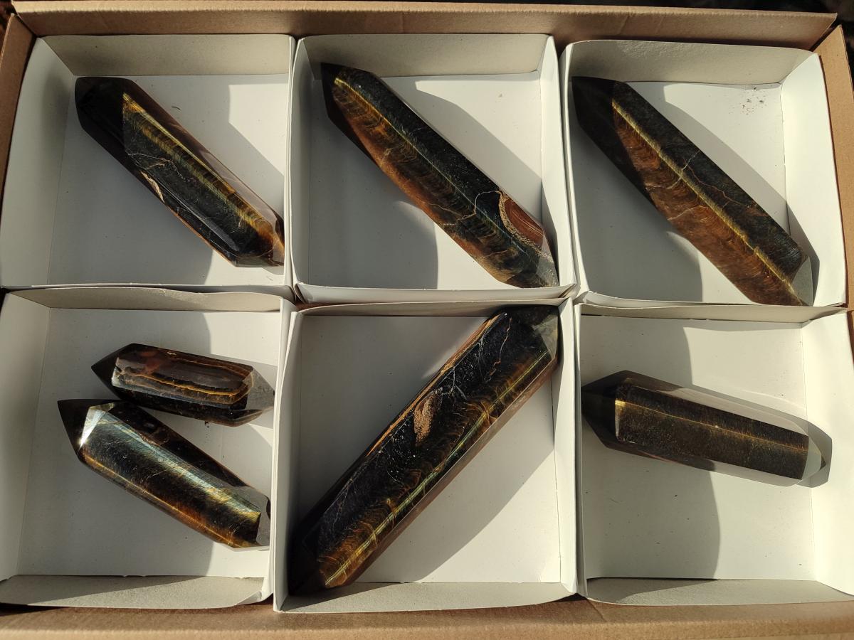 Polished Double Terminated Golden Tigers Eye Crystals x 7 From Prieska, South Africa - Toprock Gemstones and Minerals 