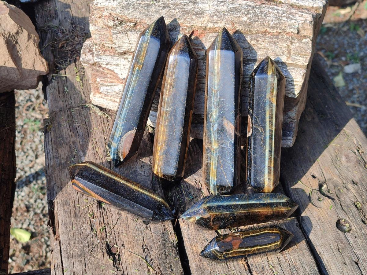 Polished Double Terminated Golden Tigers Eye Crystals x 7 From Prieska, South Africa - Toprock Gemstones and Minerals 