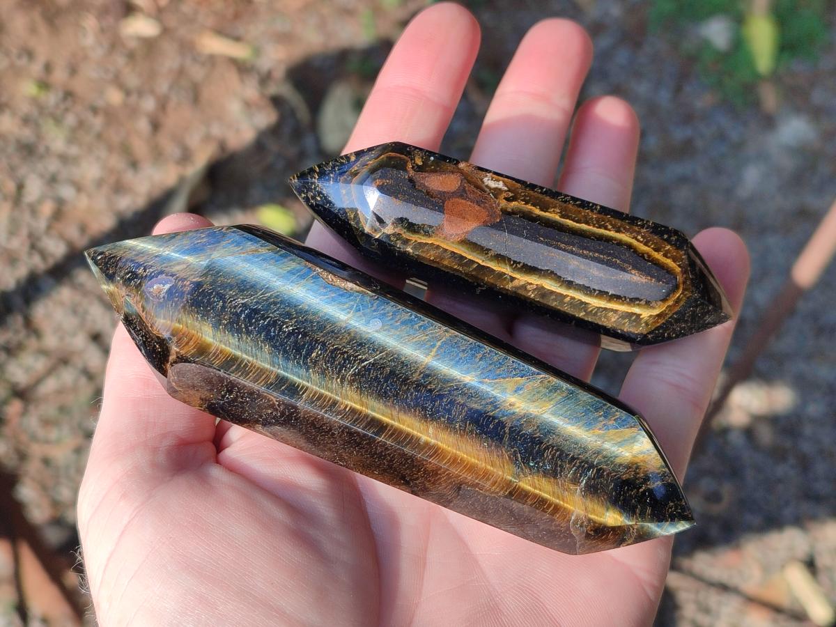 Polished Double Terminated Golden Tigers Eye Crystals x 7 From Prieska, South Africa - Toprock Gemstones and Minerals 