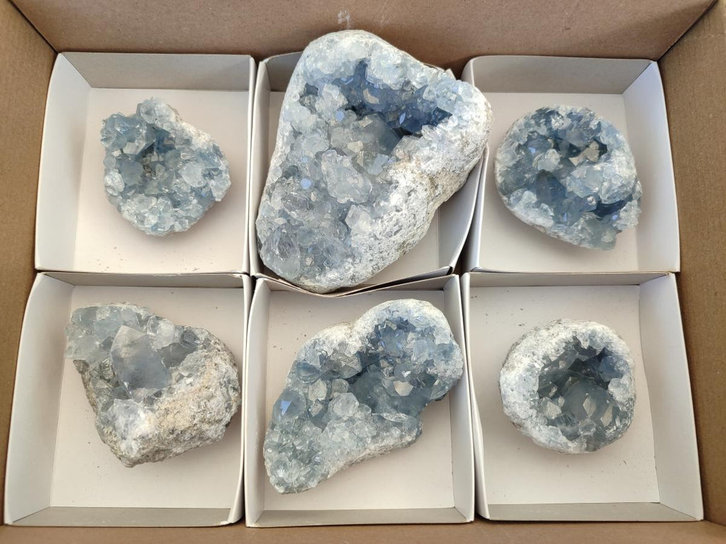 Natural Blue Celestite Geode Specimens x 6 From Sakoany, Madagascar - Toprock Gemstones and Minerals 