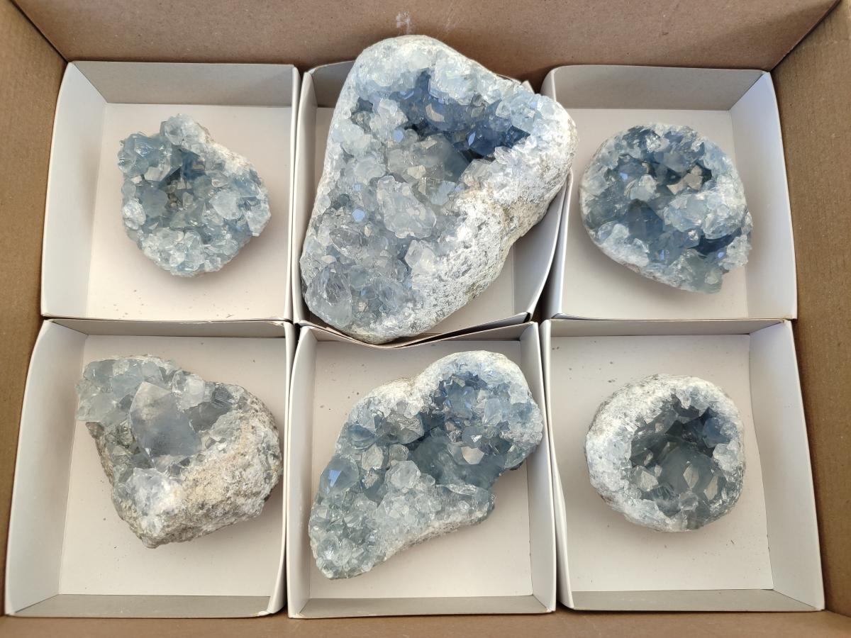 Natural Blue Celestite Geode Specimens x 6 From Sakoany, Madagascar - Toprock Gemstones and Minerals 