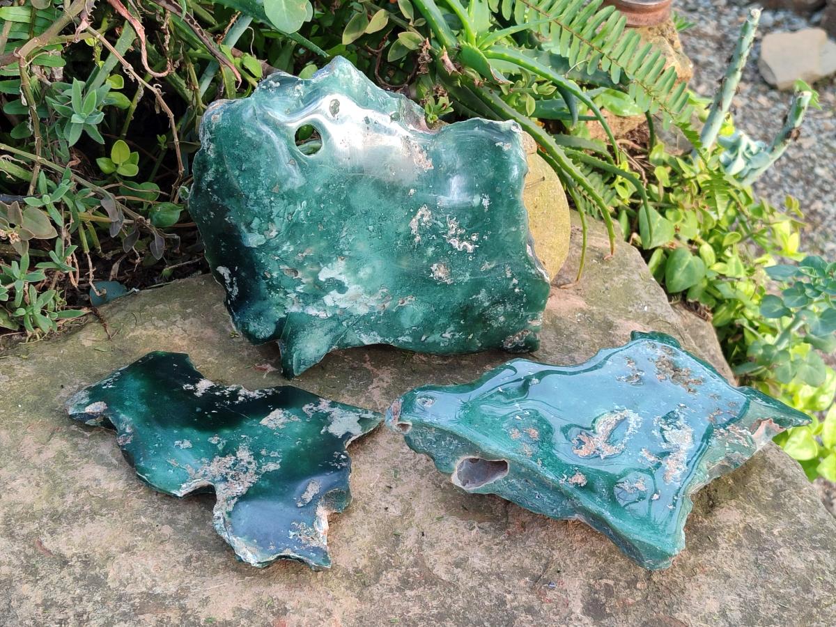 Polished On One Side Mtorolite Chrysoprase Slices x 3 From Mutorashanga, Zimbabwe - Toprock Gemstones and Minerals 