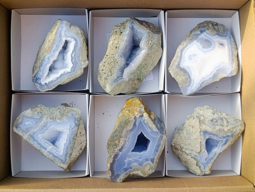 Polished On One Side Blue Lace Agate Geodes x 6 From Nsanje, Malawi - Toprock Gemstones and Minerals 