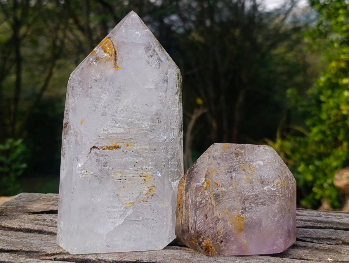 Polished Clear Quartz and Smokey Amethyst Window Quartz Display Crystals x 2 From Madagascar - Toprock Gemstones and Minerals 