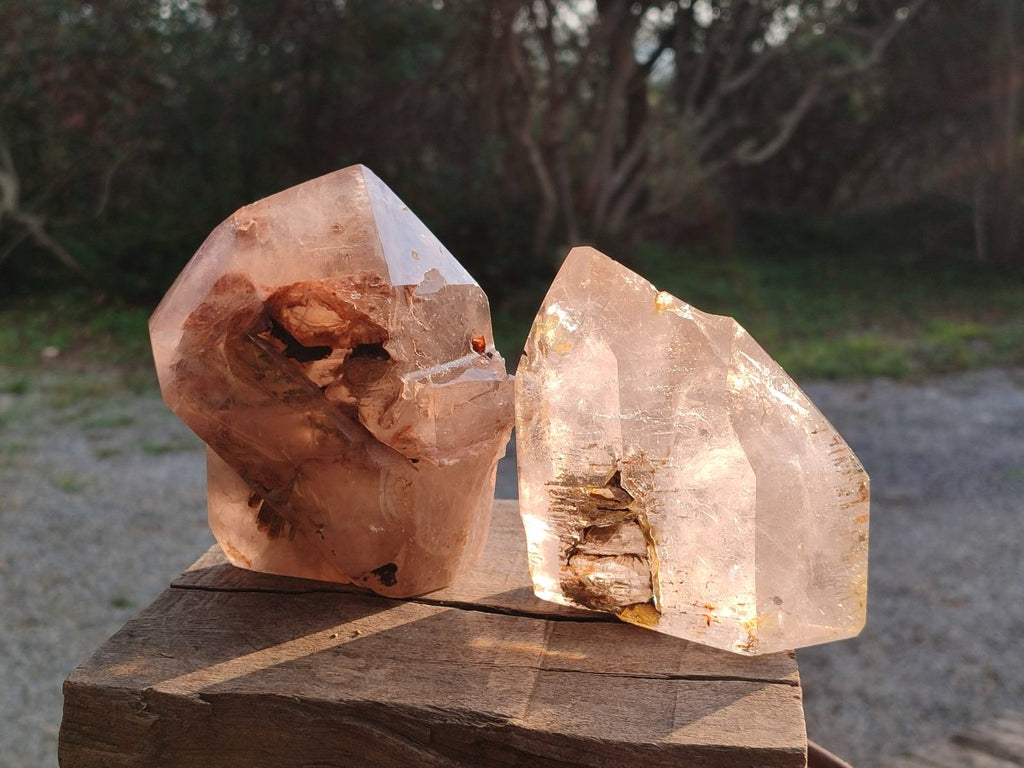 Polished Clear and Smokey Window Quartz Display Crystals x 2 From Akansobe, Madagascar - Toprock Gemstones and Minerals 