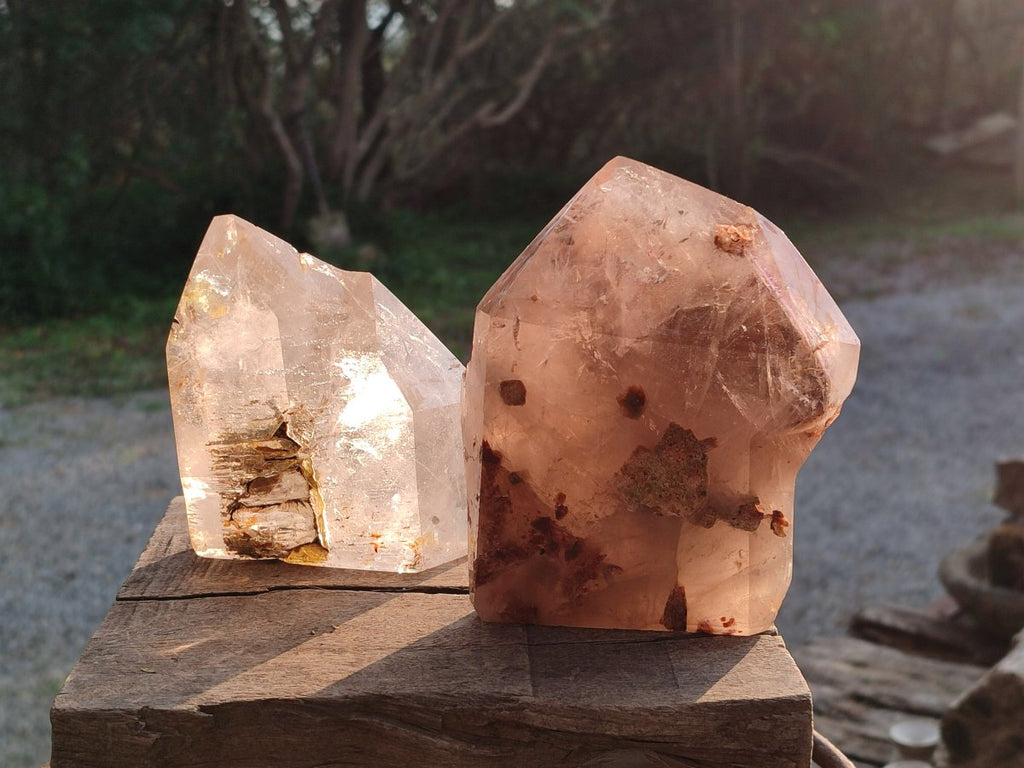 Polished Clear and Smokey Window Quartz Display Crystals x 2 From Akansobe, Madagascar - Toprock Gemstones and Minerals 