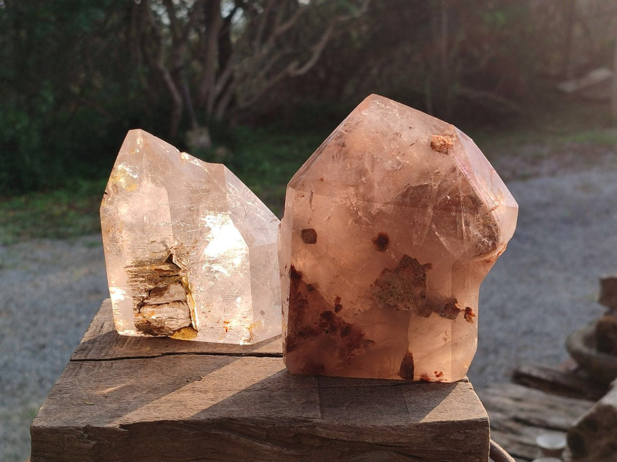 Polished Clear and Smokey Window Quartz Display Crystals x 2 From Akansobe, Madagascar - Toprock Gemstones and Minerals 