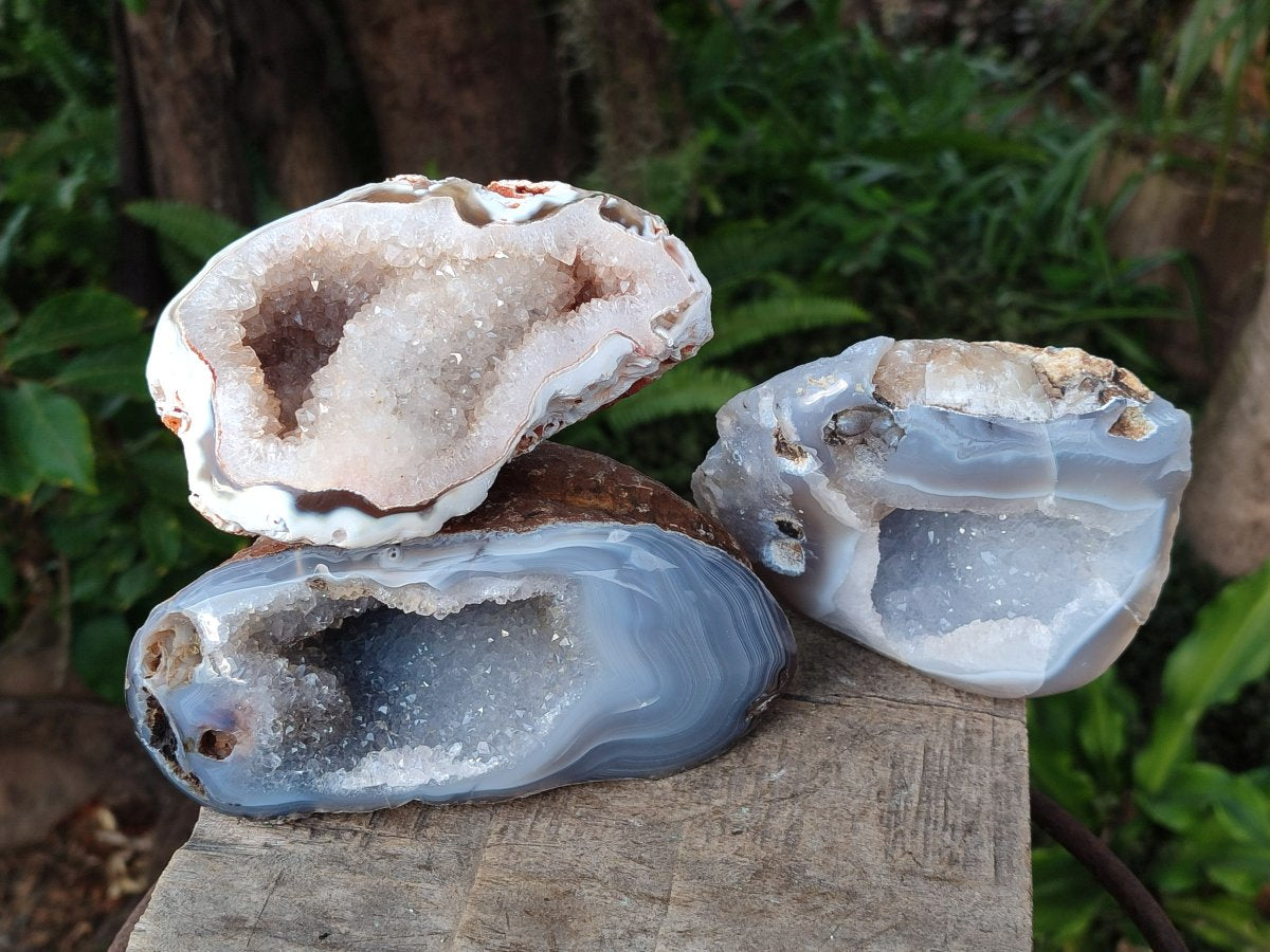 Polished Banded Agate with Crystalline Geodes x 3 From Maintirano, Madagascar - Toprock Gemstones and Minerals 
