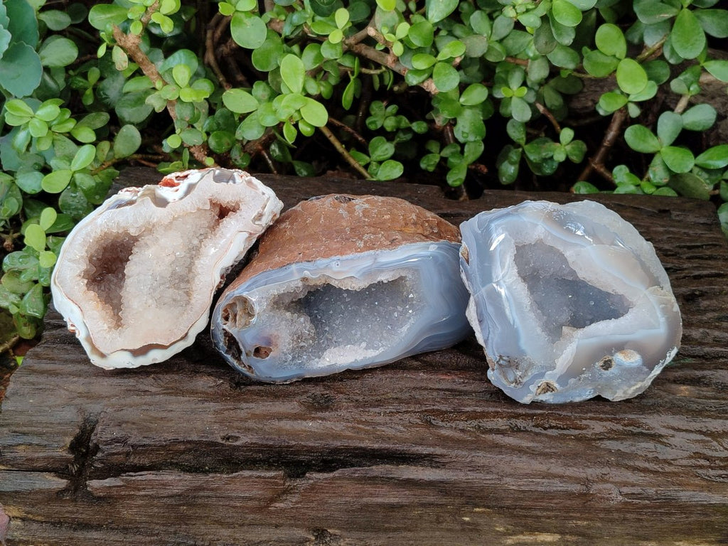 Polished Banded Agate with Crystalline Geodes x 3 From Maintirano, Madagascar - Toprock Gemstones and Minerals 